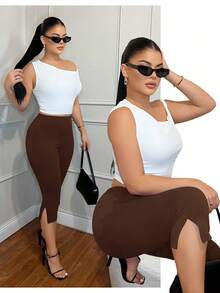 SHEIN SXY Leggings capri de mujer de unicolor con cintura elástica y dobladillo dividido informal - Marrón - Ver 1