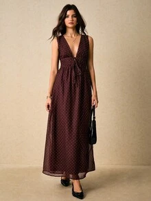 Poéselle 女士波尔卡圆点V领无袖系带连衣裙，时尚夏季