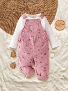 SHEIN Vintaside Kids Baby Mädchen 2-teiliges Set aus Cord-Hose mit Blumen-Trägern, süß