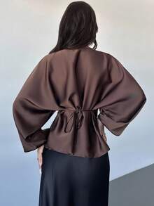 Firerie Fall Women's New Elegant Romantic Casual Urban Commute Elegant Fashion Versatile Coffee Brown Round Neck Batwing Long Sleeve Tie-Waist X-Shaped Regular Fit Blouse, Suitable For Teachers, Autumn, Fall Women Clothes,Elegant Women's Blouses - Brown - View 2