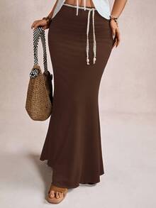 Freevana Plus Size Elegant Romantic Vintage A-Line Maxi Knit Skirt, Suitable For Party And Gathering, Autumn/Winter,Fall Clothes For Women - Coffee Brown - View 4