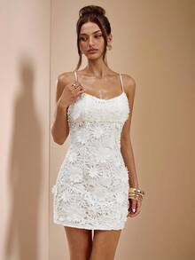 SHEIN BAE 白色纯色3D花卉蕾丝刺绣女士迷你吊带裙，小白裙，白色蕾丝裙，优雅连衣裙 - 白色 - 查看 3