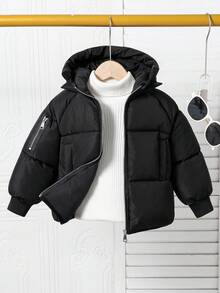 少女纯色连帽保暖拉链棉服外套，冬季 - 黑色 - 查看 4
