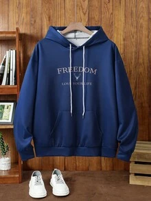 Manfinity NXTstreet 男士休闲字母图案印花针织修身套头连帽衫，带抽绳，男士新颖连帽衫，海军蓝连帽衫，男士自由图案连帽衫，男士蓝色图案连帽衫，适合男士，秋季，冬季 - 藍色 - 查看 1