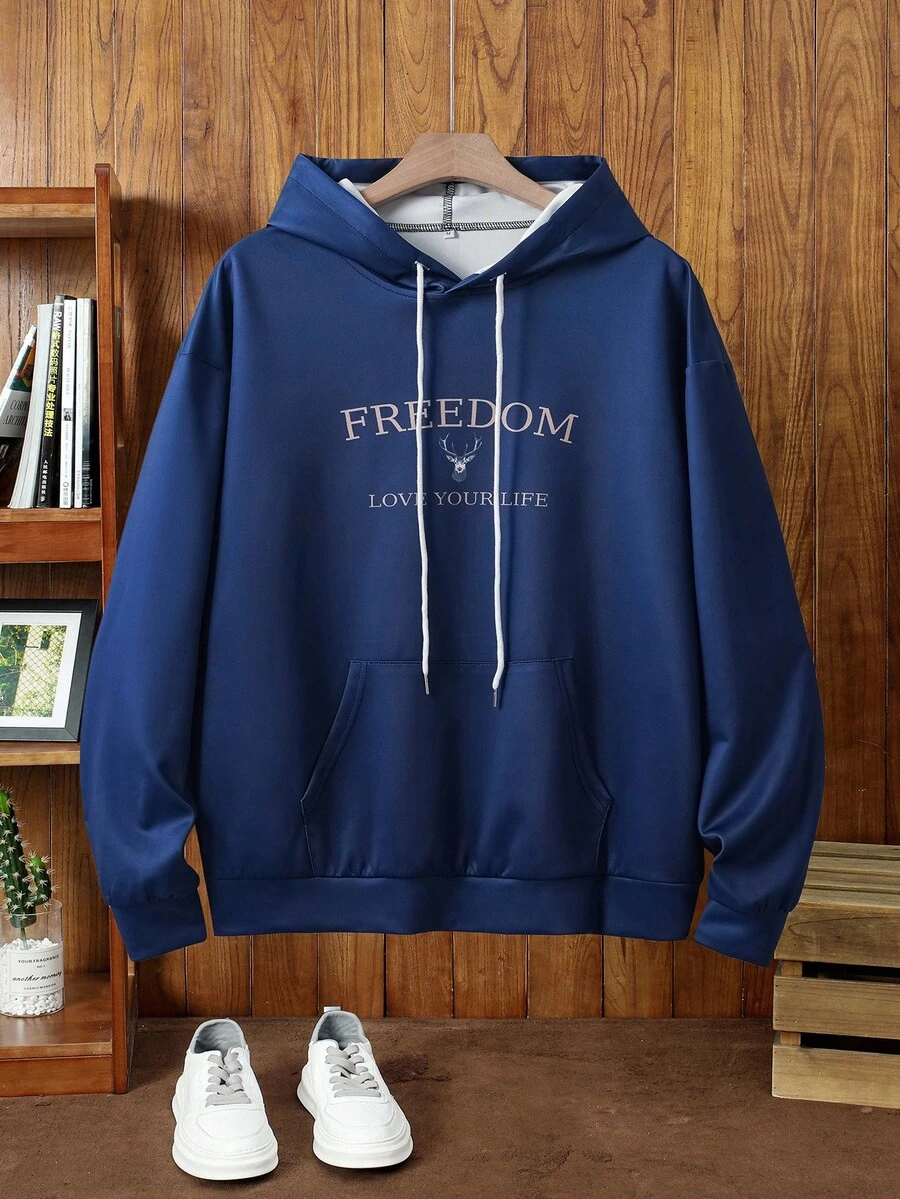 Manfinity NXTstreet 男士休闲字母图案印花针织修身套头连帽衫，带抽绳，男士新颖连帽衫，海军蓝连帽衫，男士自由图案连帽衫，男士蓝色图案连帽衫，适合男士，秋季，冬季 - 藍色 - 查看 1