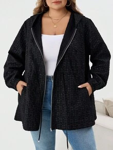 SHEIN CURVE+ Women's Plus Size Front Zipper Long Sleeve Hooded Jacquard Windbreaker Jacket, Casual Everyday Wear, Autumn Winter Fall/Autumn /Winter - Black - View 3