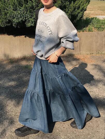 FRIFUL Chân váy denim dài xếp ly, cạp chun, màu trơn dành cho nữ