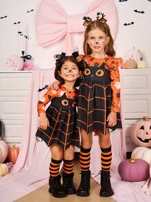 SHEIN 小女孩可爱卡通图案长袖连衣裙，适合万圣节派对 - 橘色 - 查看 10