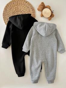 SHEIN 2件套女婴可爱纯色连帽连体衣，秋冬 - 灰色 - 查看 2