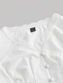 SHEIN MOD Women's Fashionable Elegant Lace Trim Lantern Sleeve White Peplum Blouse, Autumn, Elegant, Chic, Vintage, Waist-Cinching, French Romantic Style, Elegant, Spring Women, Valentine For Women, Blouses For Women Party, Casual Blouses For Women, White Blouse - White - View 4