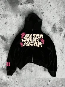 Glimmora 男士拉链字母印花休闲连帽卫衣，秋季款，长袖上衣 - 黑色 - 查看 1