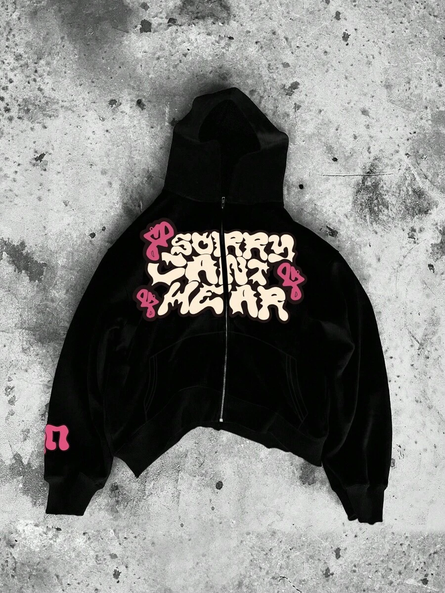 Glimmora 男士拉链字母印花休闲连帽卫衣，秋季款，长袖上衣 - 黑色 - 查看 1