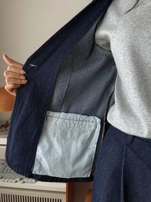 Women's V-Neck Denim Blazer Jacket And Loose Wide-Leg Pants 2 Pieces Casual Denim Suit Set - Medium Wash - View 8