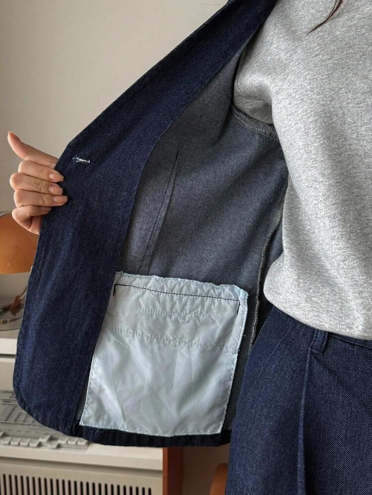 Women's V-Neck Denim Blazer Jacket And Loose Wide-Leg Pants 2 Pieces Casual Denim Suit Set