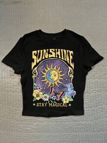 Attitoon 休闲圆领向日葵图案短袖修身女式T恤，适合夏季