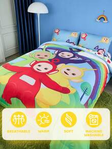 Teletubbies X SHEIN 3pc Cartoon & Rainbow Print Bedding Setsoft, Comfortable, Warm, Machine Washable, Suitable For Single Bed/Double Bed/Queen Bed/King Bed, Dormitory/Home - Multicolor - View 11