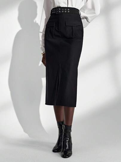 Almamuse Falda ajustada con abertura elástica negra para mujer, primavera/verano