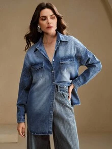 Anewsta Elegant Rhinestone Embellished Blue Denim Blouse, Suitable For Fall, Winter, New Year, Elegant, Chic, Stylish, Christmas, Going Out - Blue - View 6