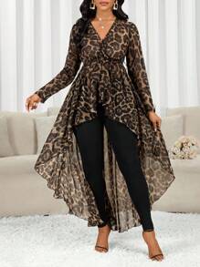 SHEIN Lady 女式豹纹V领前短后长袖衬衫 - 彩色 - 查看 5