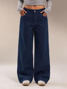 SHEIN Forever 21 Quần Jeans Denim Ống Thẳng Cạp Thấp Họa Tiết Sọc Jacquard Độc Đáo Thường Ngày Đa Năng Màu Tối Màu Thu/Đông - Rửa tối - Xem 5