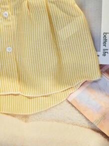 Sparklyn 条纹前扣短袖休闲衬衫，灯笼袖，蝴蝶结褶腰A字修身版型，适合女孩、办公室、度假休闲、夏季 - 黃色 - 查看 7