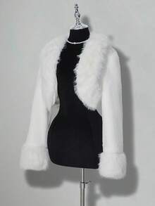 SHEIN ICON 女式休闲简约纯色短款人造毛皮夹克，秋冬 - 白色 - 查看 1
