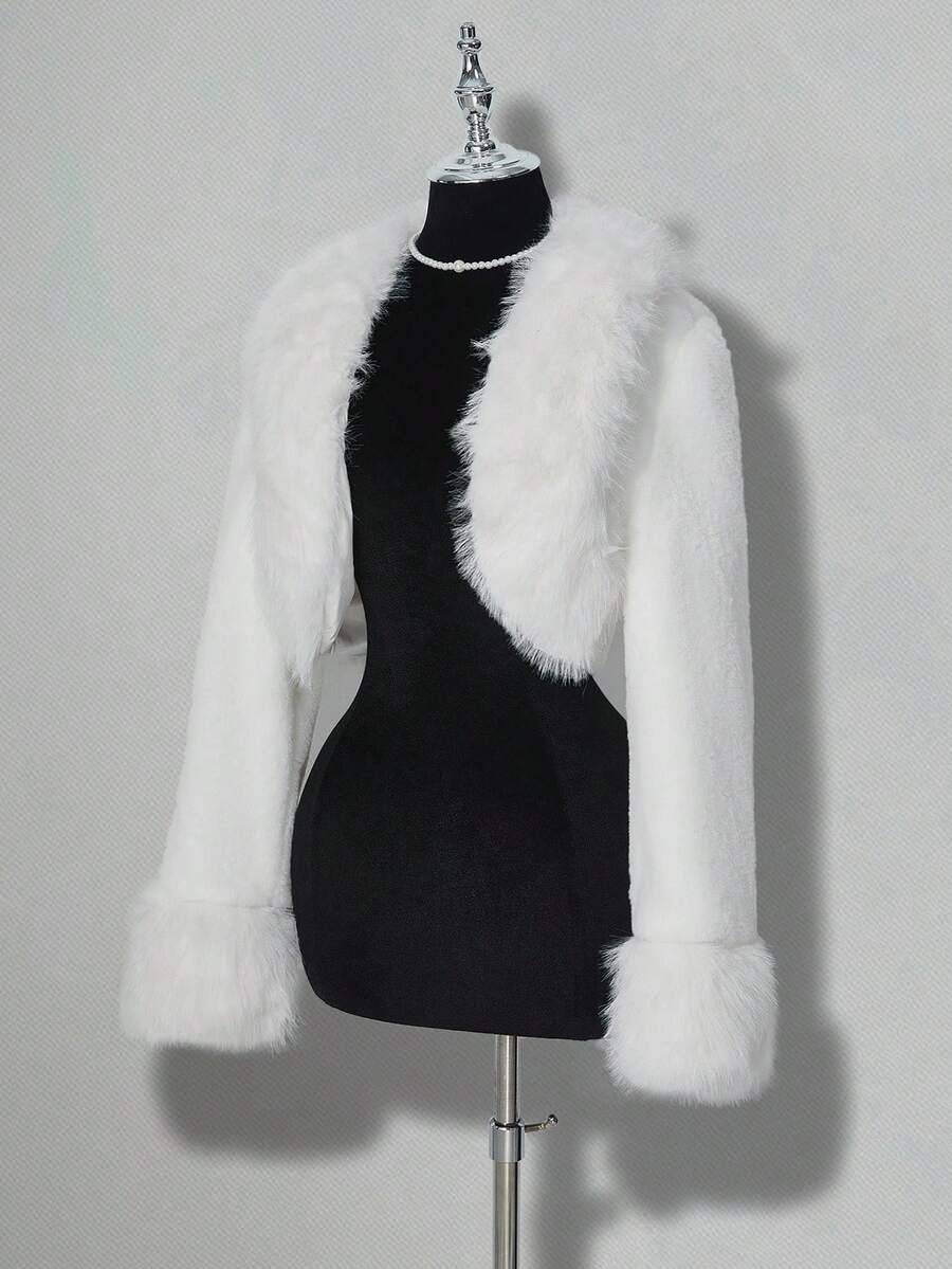 SHEIN ICON 女式休闲简约纯色短款人造毛皮夹克，秋冬 - 白色 - 查看 1