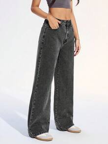 SHEIN ICON 纯色口袋纽扣休闲牛仔裤