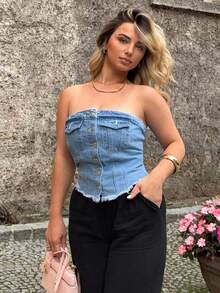 Jeta Ari 毛邊下擺鈕扣前筒牛仔上衣 - 淺色水洗藍 - 查看 6