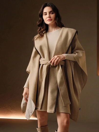 Anewsta Nuevo abrigo capa francesa con cuello oversize para mujer, talla pequeña, para otoño/invierno, abrigo suelto con cinturón desmontable