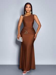 SOLERSUN 春夏女装，优雅风格，派对，杏色，闪亮针织面料，无袖露肩领口，金属装饰扣，鱼尾裙摆，性感长裙 - 咖啡 - 查看 4