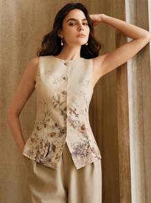 Anewsta Áo vest không tay cài nút họa tiết hoa lãng mạn thanh lịch và thời trang với thiết kế viền áo, áo khoác vest đa năng - màu nâu - Xem 7