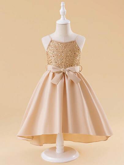 Glamorique Kids Vestido de fiesta elegante y lujoso de color champán con tirantes de lentejuelas para niña joven
