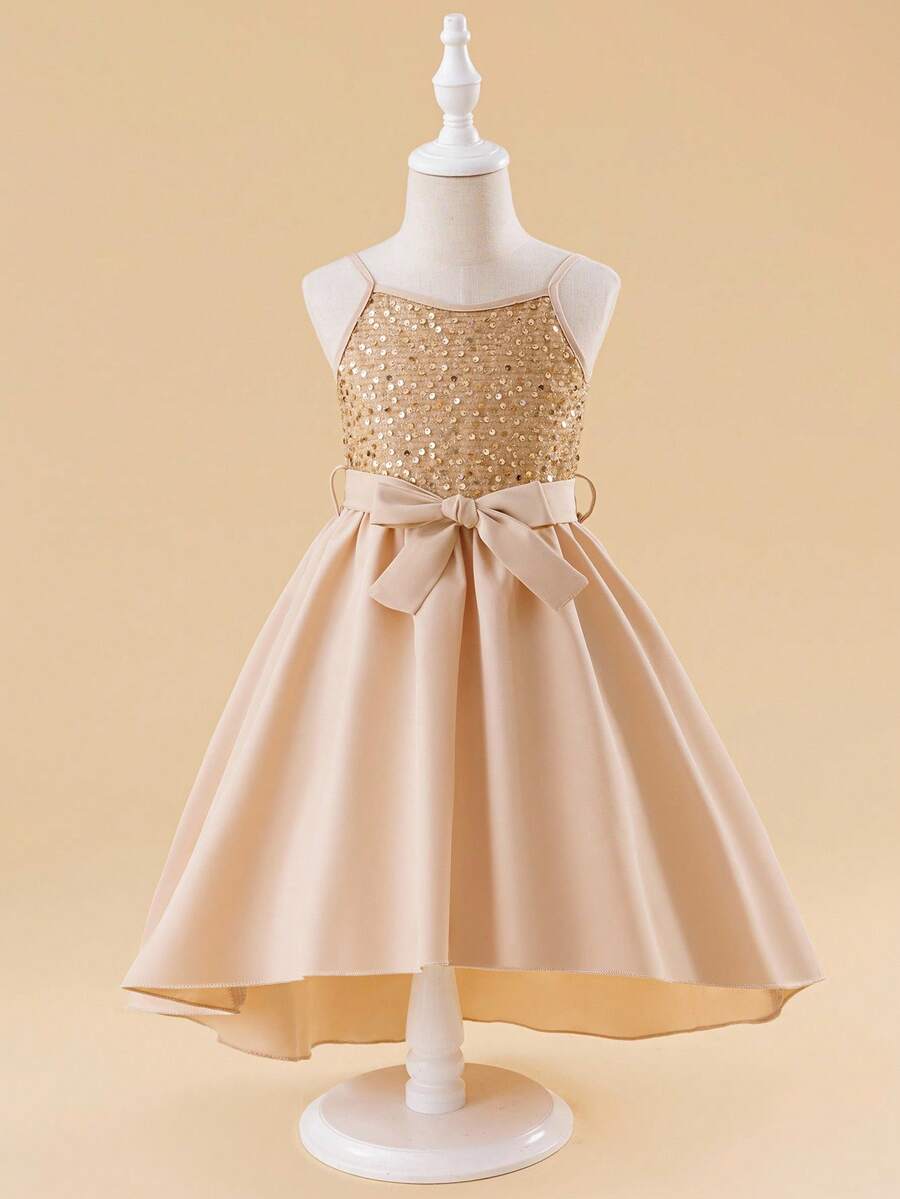 Glamorique Kids 年轻女孩'可爱，优雅，奢华香槟色亮片吊带连衣裙，派对连衣裙 - 杏色 - 查看 1