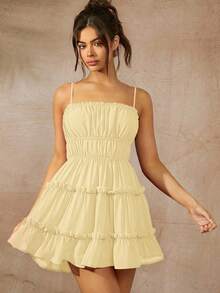 L'Amorae Women's Solid Color Tie-Up Ruffle Tier Hem Detail Summer Dress - Light Yellow - View 2