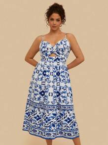 SHEIN VCAY Váy họa tiết hoa nhiệt đới xanh trắng cỡ lớn cho nữ, váy midi xoắn dây mảnh phía trước, váy xẻ tà phía trước, váy mùa thu cho nữ váy hoa xanh trắng, váy mùa hè cho nữ váy midi, váy xanh trắng cho nữ váy đi nghỉ cho nữ váy chống nắng xanh, trang phục biểu diễn cho nữ, quần áo phong cách boho cho nữ váy hoa rave cho nữ váy dự tiệc cưới cong - Xanh và trắng - Xem 3