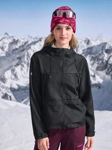 In My Nature 女士纯色连帽长袖抽绳户外风衣女士滑雪夹克女士滑雪服 - 黑色 - 查看 4