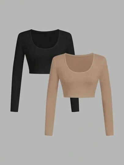 SHEIN SXY 2 piezas Camisetas cortas casuales de unicolor para mujer, camisetas básicas de primavera/verano