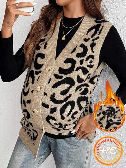 SHEIN Ropa de otoño, ropa de otoño, ropa de maternidad de otoño Chaleco de punto con estampado de leopardo de cuello en V de una sola hilera para mujeres embarazadas, otoño/invierno, parte superior de punto sin mangas cálida con ribete de contraste, uso diario casual