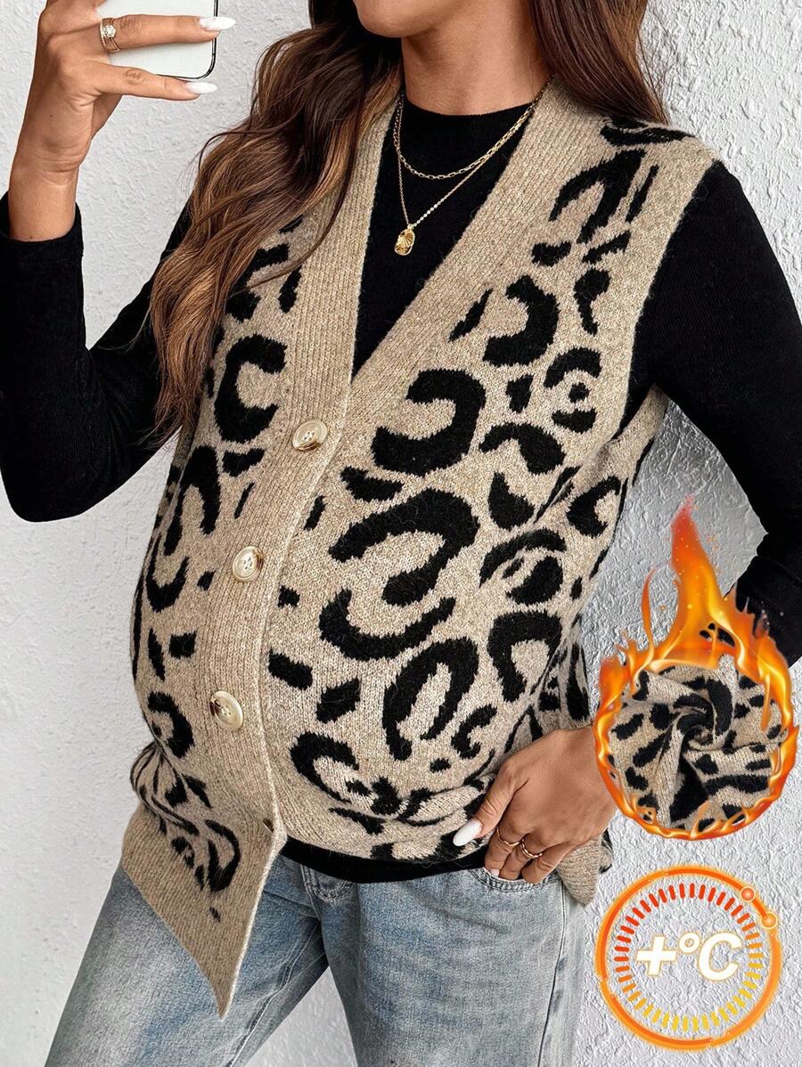 SHEIN 秋装，秋季服装，孕妇装秋季服装孕妇装女士单排扣 V 领豹纹针织背心，秋冬，无袖针织保暖针织上衣，撞色饰边，休闲日常穿着 - 彩色 - 查看 1