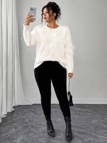 Elenzga Plus Size Women Solid Color Round Neck Long Sleeve Fuzzy Decor Fashion Pullover Sweater Winter Fall Autumn - White - View 6