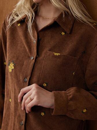 Écloséra 时尚休闲法式复古宽松灯芯绒刺绣口袋装饰长袖秋冬女装