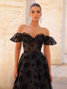 Glamrae Eleganter und wunderschöner schwarzer Organza-Jacquard-Herzausschnitt mit gerüschten, überschnittenen Ärmeln, durchsichtiger Taille und übergroßem Rock, geeignet für fröhliche Feiertagstreffen, Verabredungen, Junggesellinnenabschiede, formelles Abendkleid für Damen (schwerer Stil)