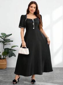 Modelyn Plus Size Women V-Neck Short Sleeve Ruched Flared Hem Jacquard Elegant Luxurious Formal Evening Dress - Black - View 3