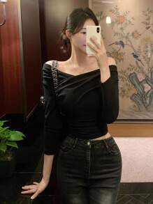 DAZY Elegant Off Shoulder Design Fitted Women T-Shirt Long Sleeve Top - Black - View 5