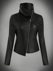 Sunspun Giacca con chiusura lampo, manica lunga, colletto in PU, chiusura obliqua, taglie comode