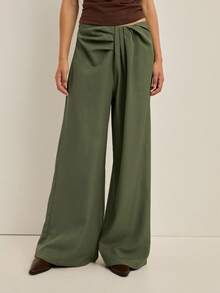 Nöista Pantalones de pierna ancha con detalles de pliegues en la parte delantera y cremallera invisible en la costura lateral. Ropa de mujer elegante para primavera, vacaciones, verano. Vacaciones de lujo, salir, boda, fiesta, festival, vacaciones, verano - Verde - Ver 1