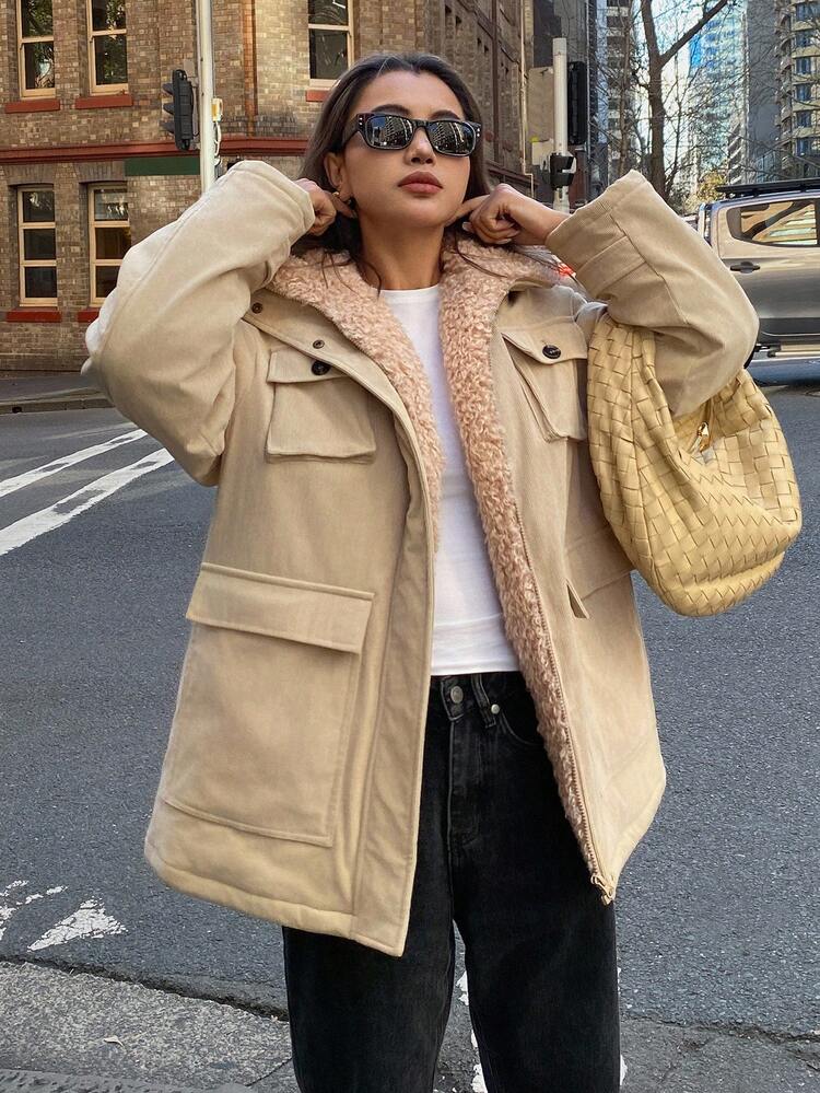 Corduroy Patchwork Fur Collar Pocket Casual Thicken Thermal Lined Loose Fit Padded Coat For Women, Autumn/Winter Jacket