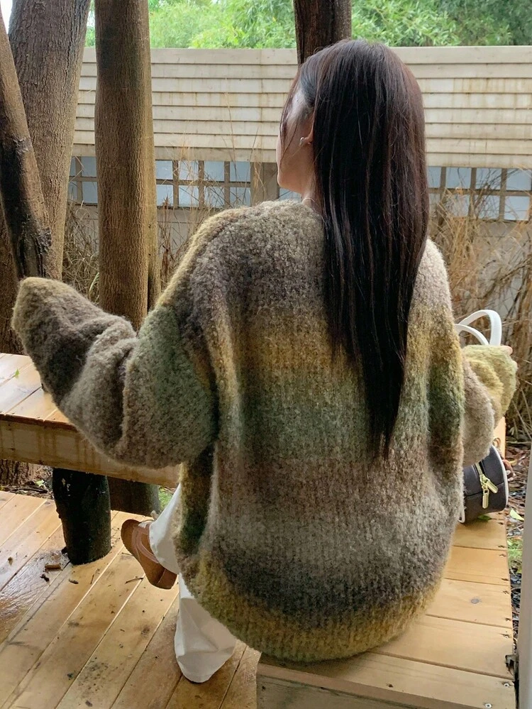 Dazy Plus Plus Size Loose Fit Thick Ombre Striped Crew Neck Pullover Sweater, Casual Street Style For Women, Autumn/Winter