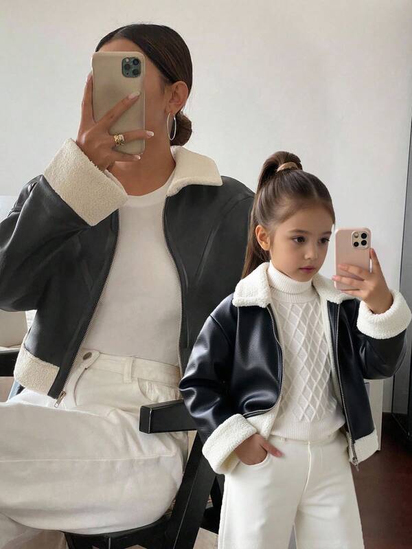 SHEIN Chaqueta de manga larga con forro térmico y bloques de color para niña, versátil para otoño/invierno